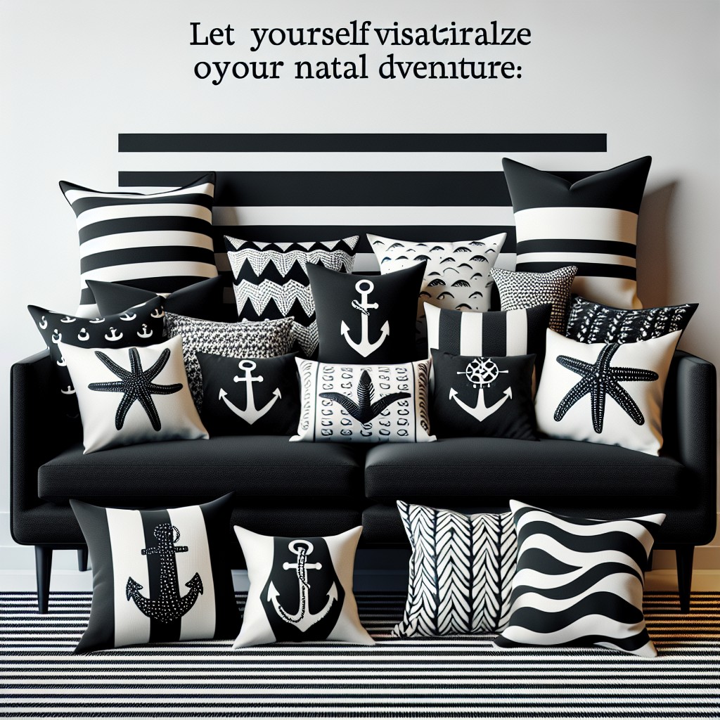 nautical themed black and white pillows