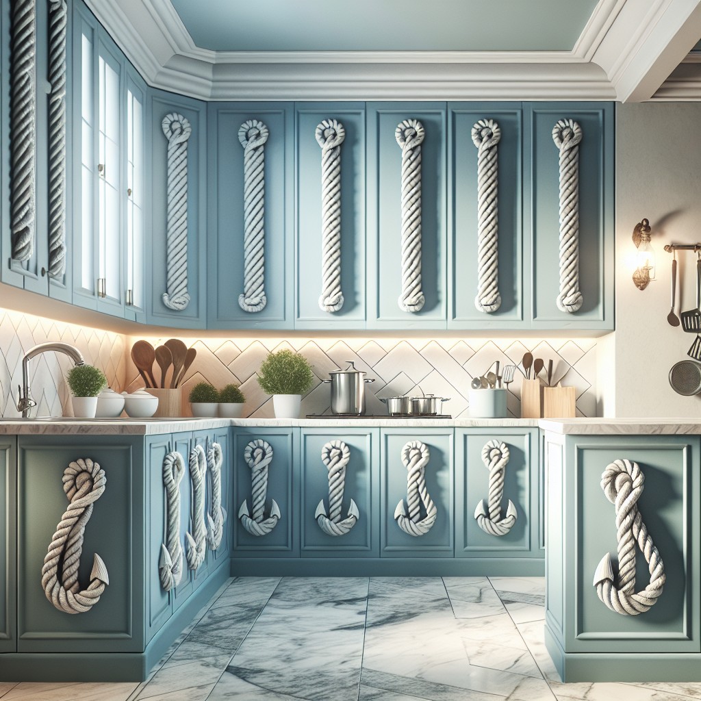 nautical vibes with rope pulls on blue cabinets
