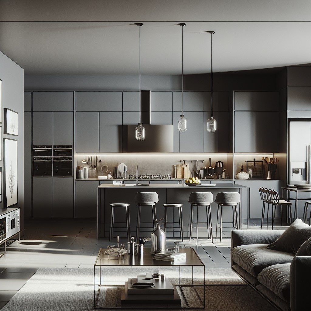 open plan kitchen living room in dark and light grey tones