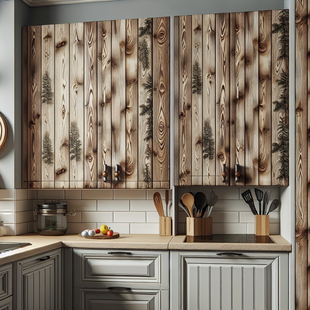 opt for wooden textured peel and stick wallpaper for cabinets