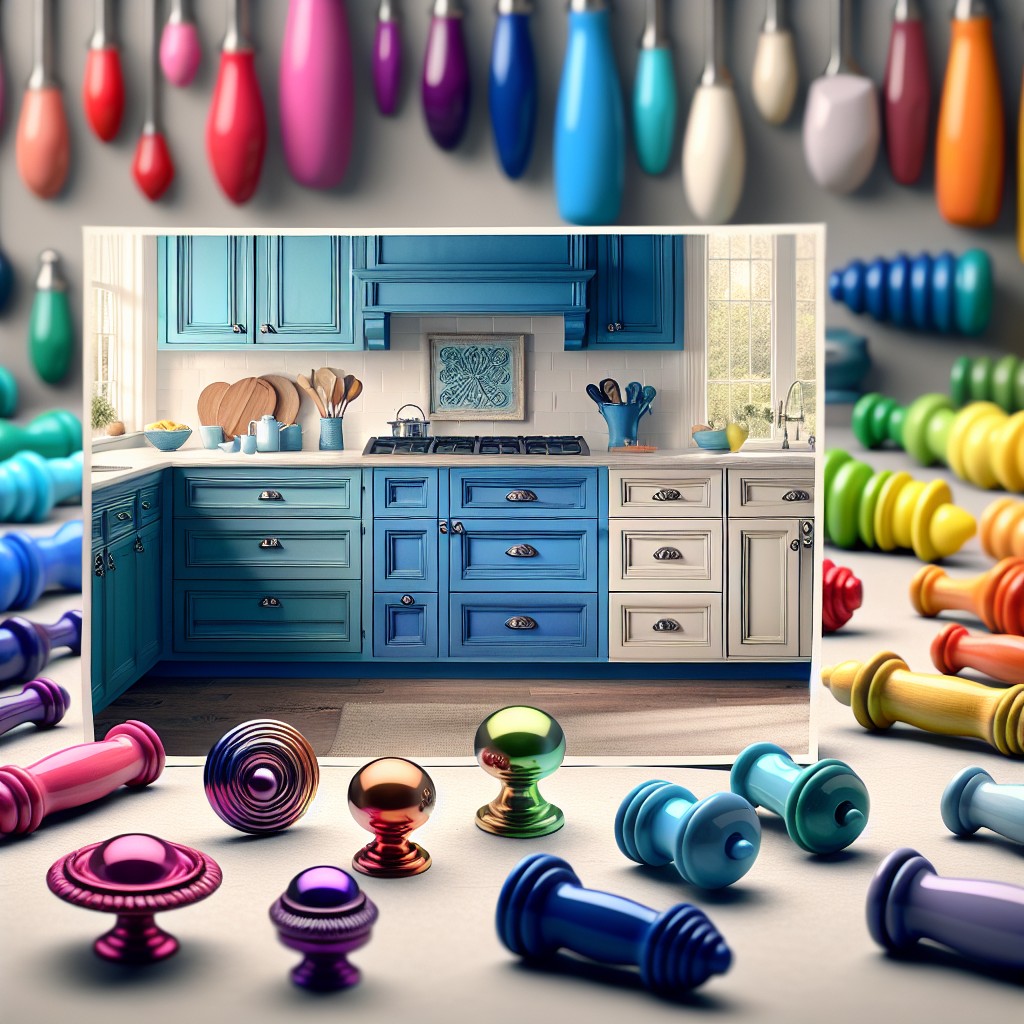 pairing blue cabinets with rainbow hued hardware