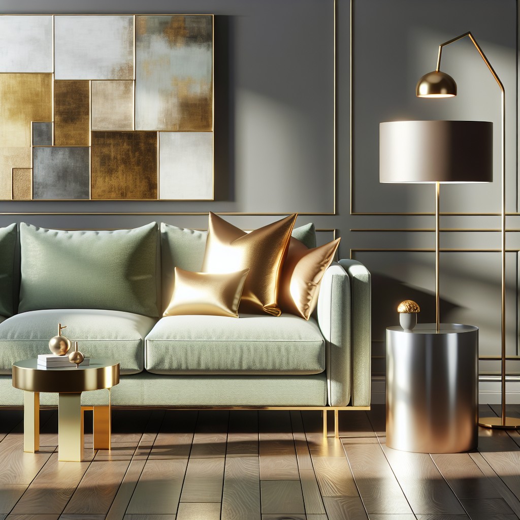 pairing sage green sofa with metallic accents