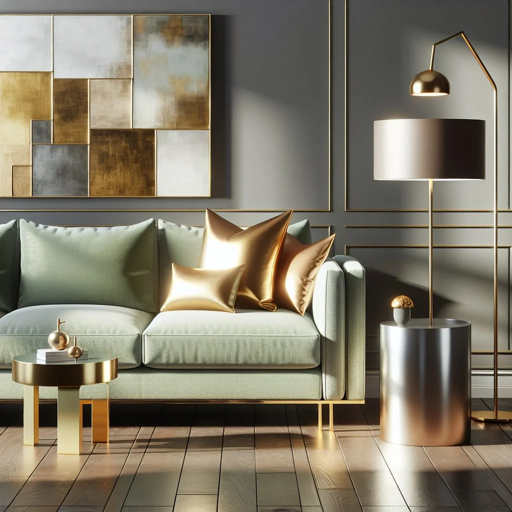 pairing sage green sofa with metallic accents