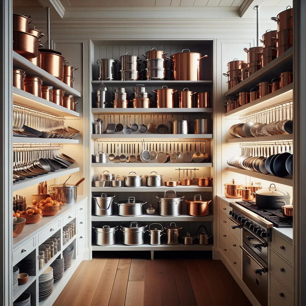 pots and pans rack inside a pantry