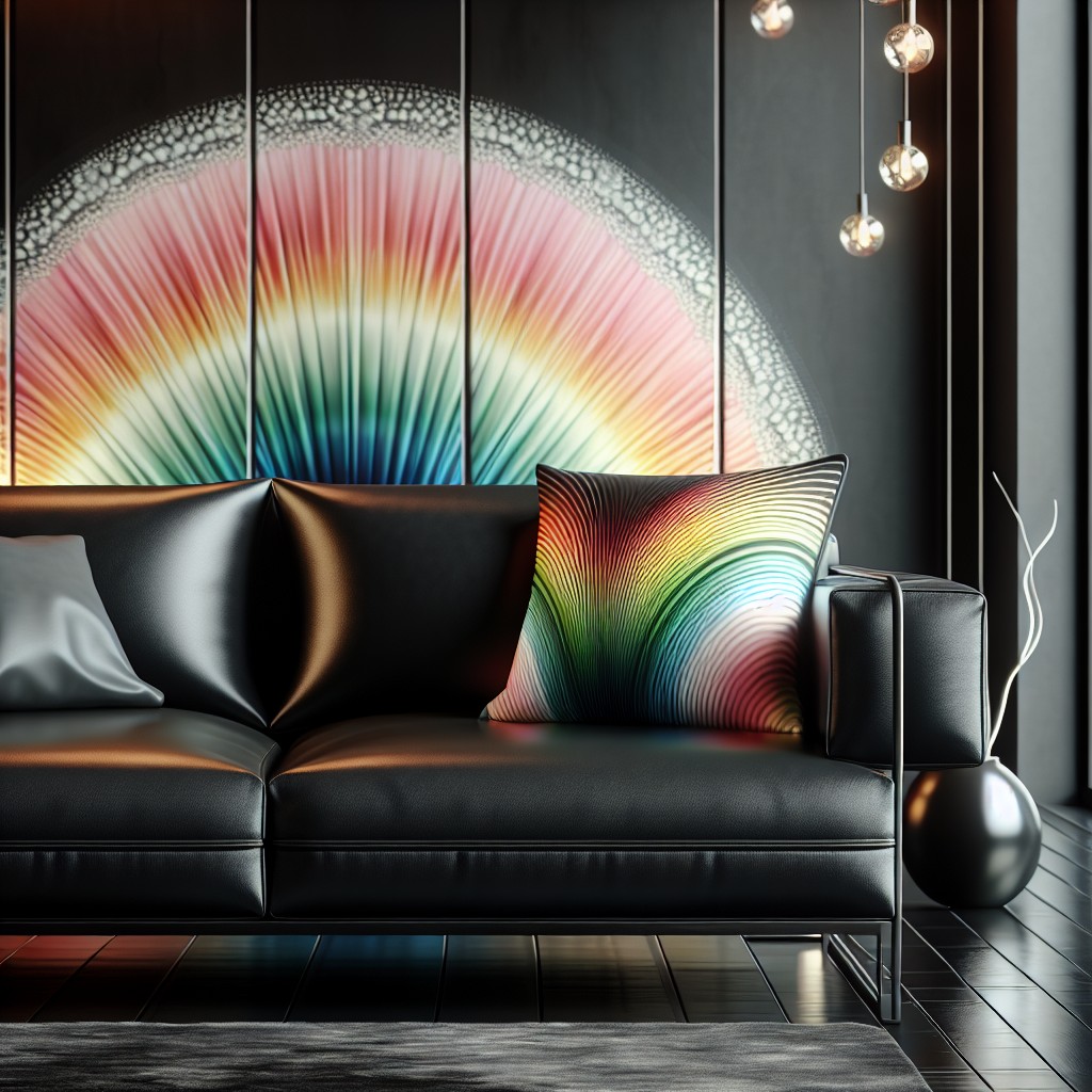 rainbow throw pillows on black couch