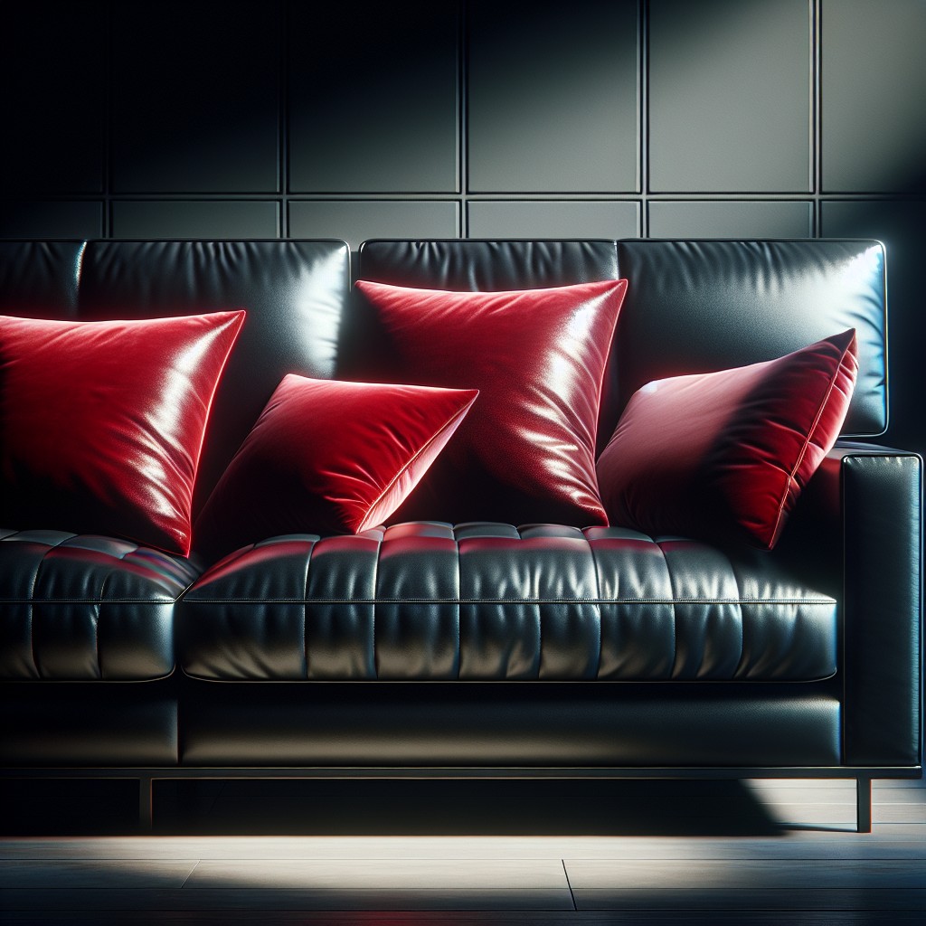 red velvet pillows on black couch