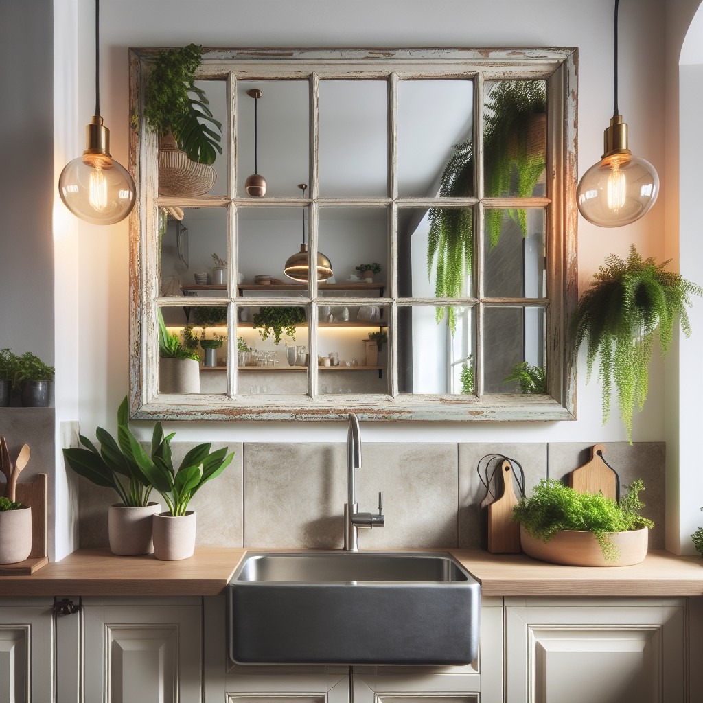 repurposed window frame as mirror above sink