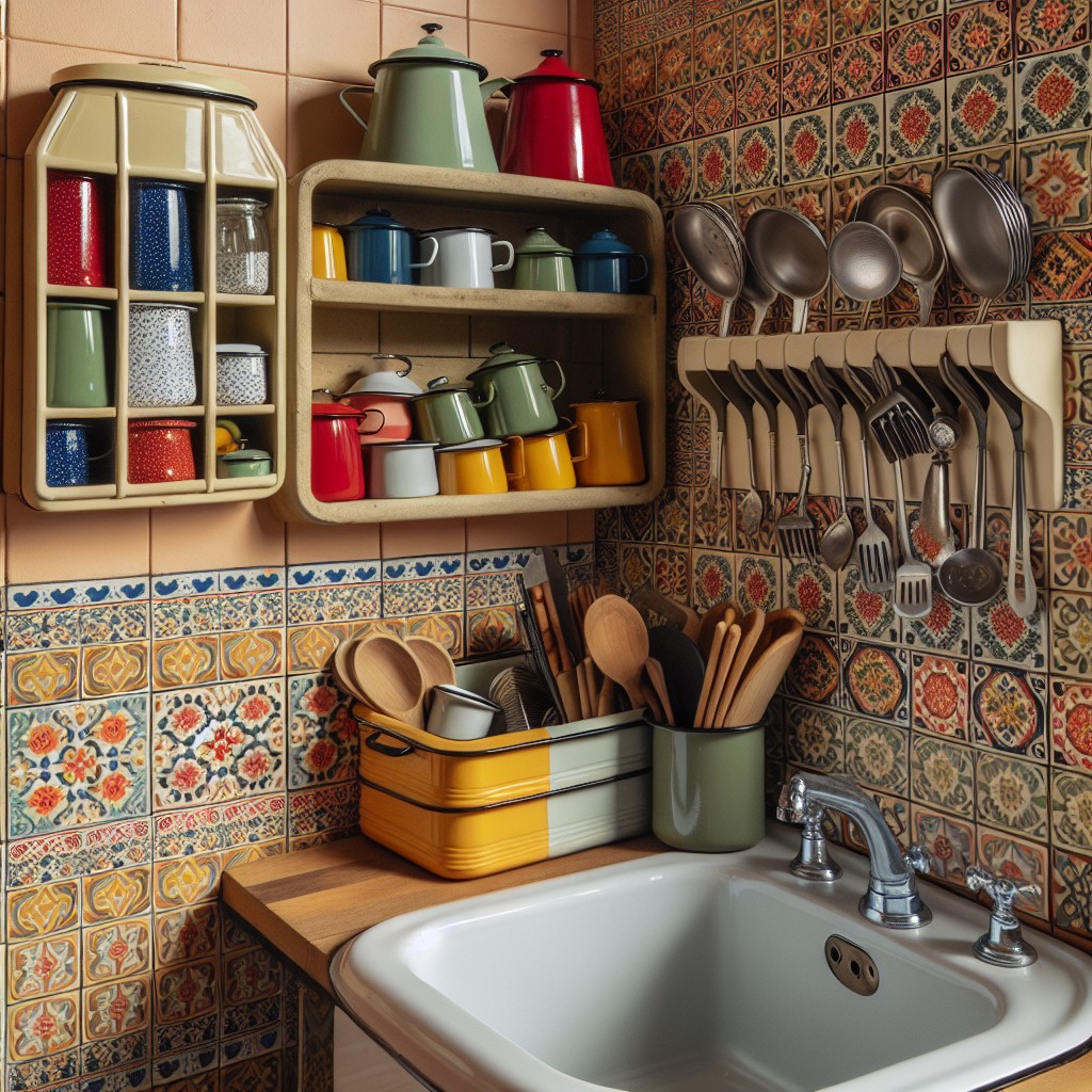 retro enamelware as sink organizers