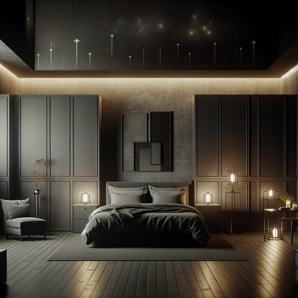 romantic bedroom scheme with dark grey cabinets set against light grey walls