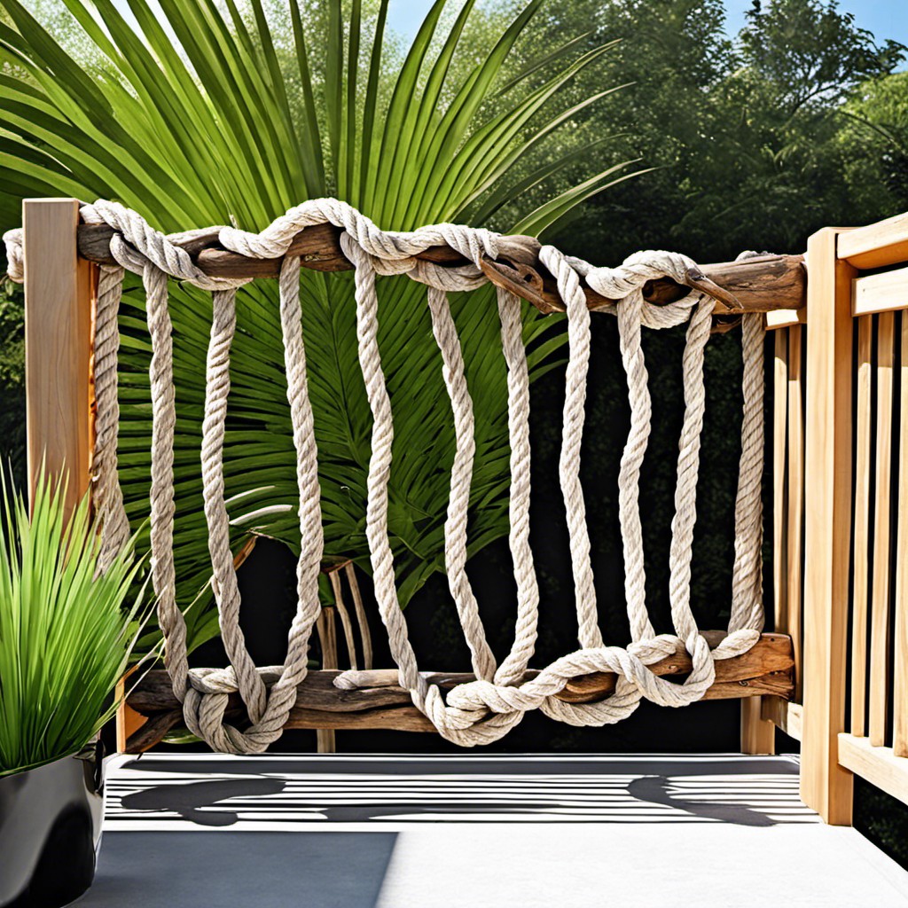 rope and driftwood privacy screen for the beach feel