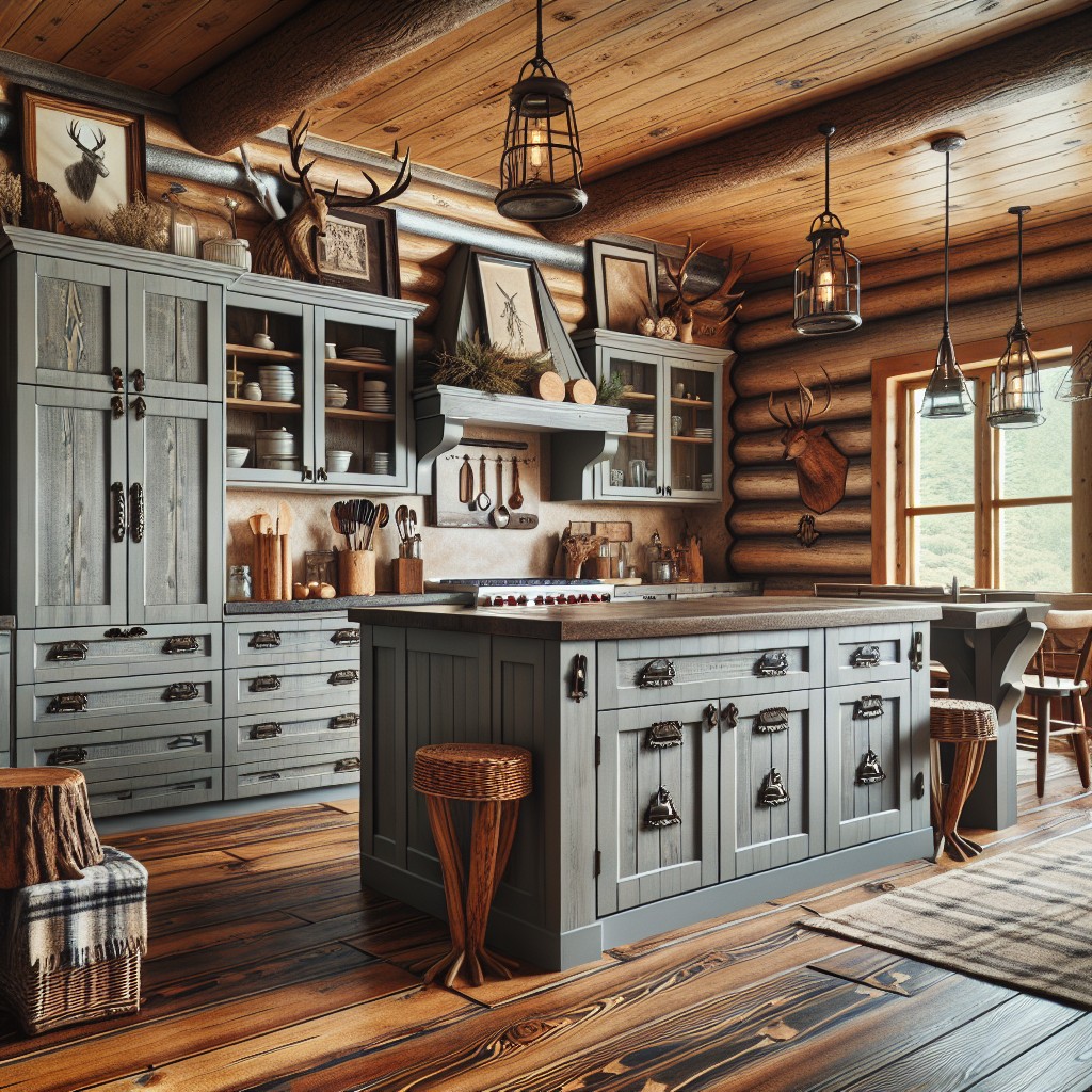 rustic grey cabinets in cabin inspired interiors