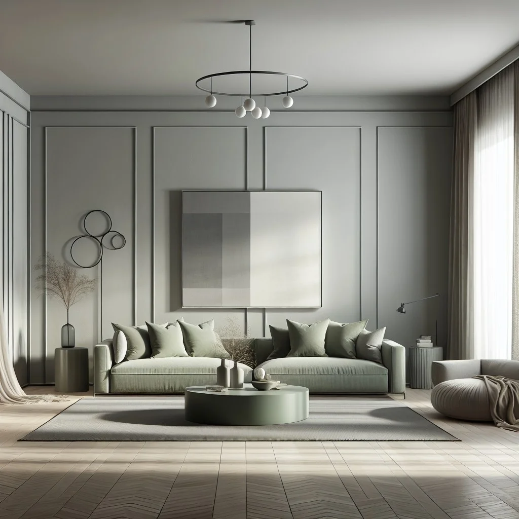 sage green sofa in minimalistic interior design