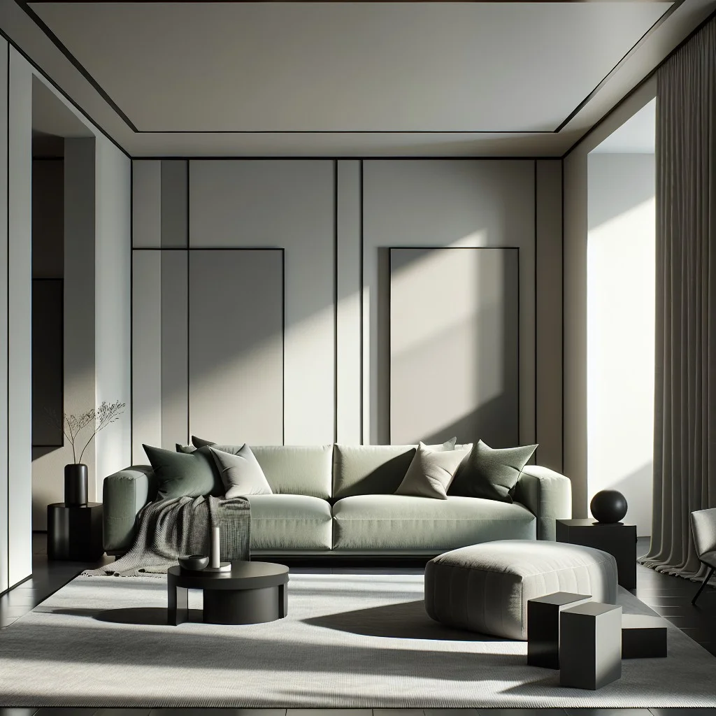 sage green sofa with monochrome decor elements