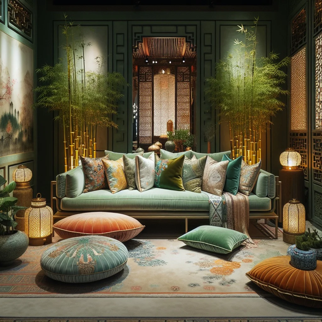 sage green sofa with oriental decor theme