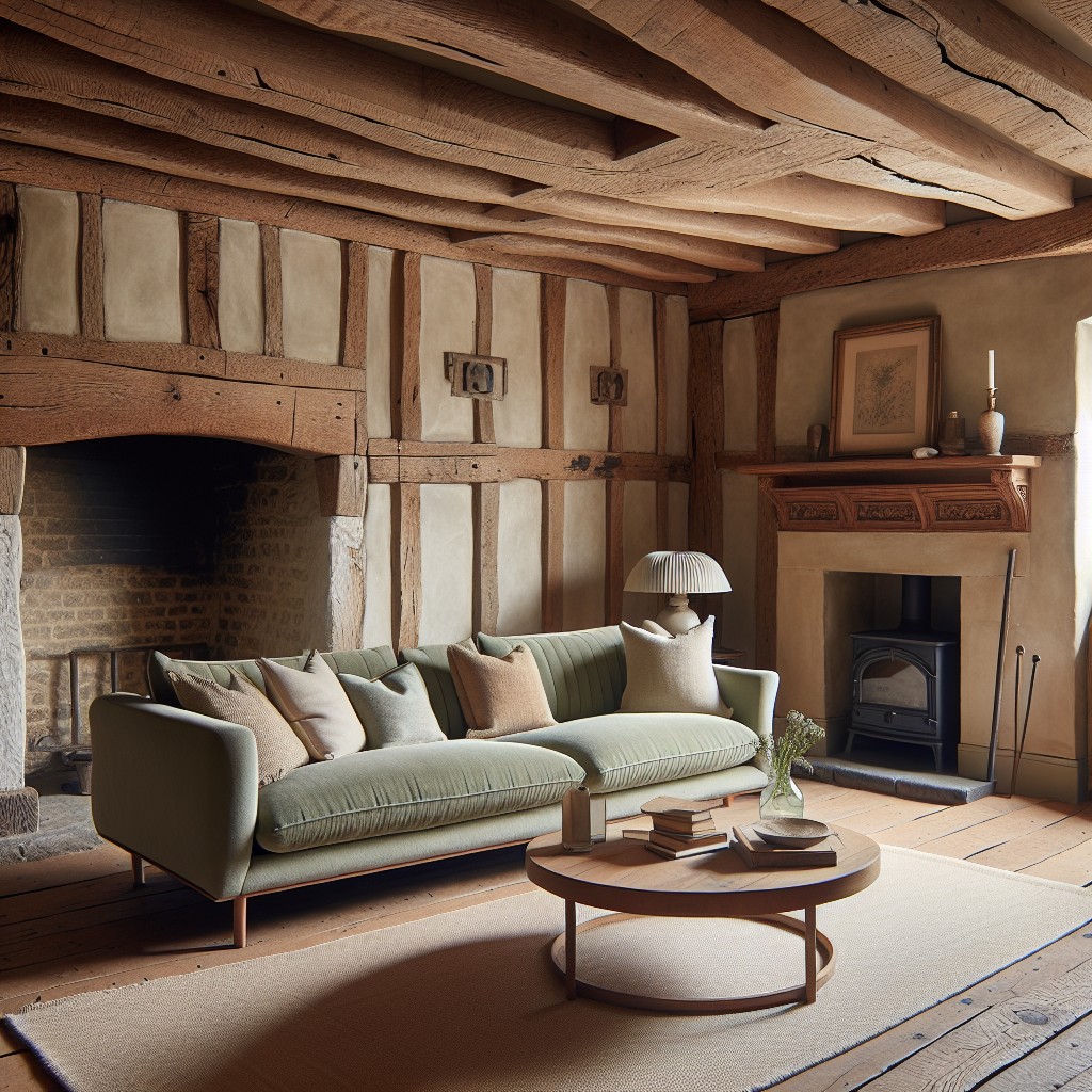 sage green sofa with rustic style decorations