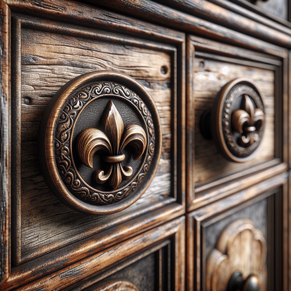 shabby chic distressed wood knobs with fleur de lis symbol