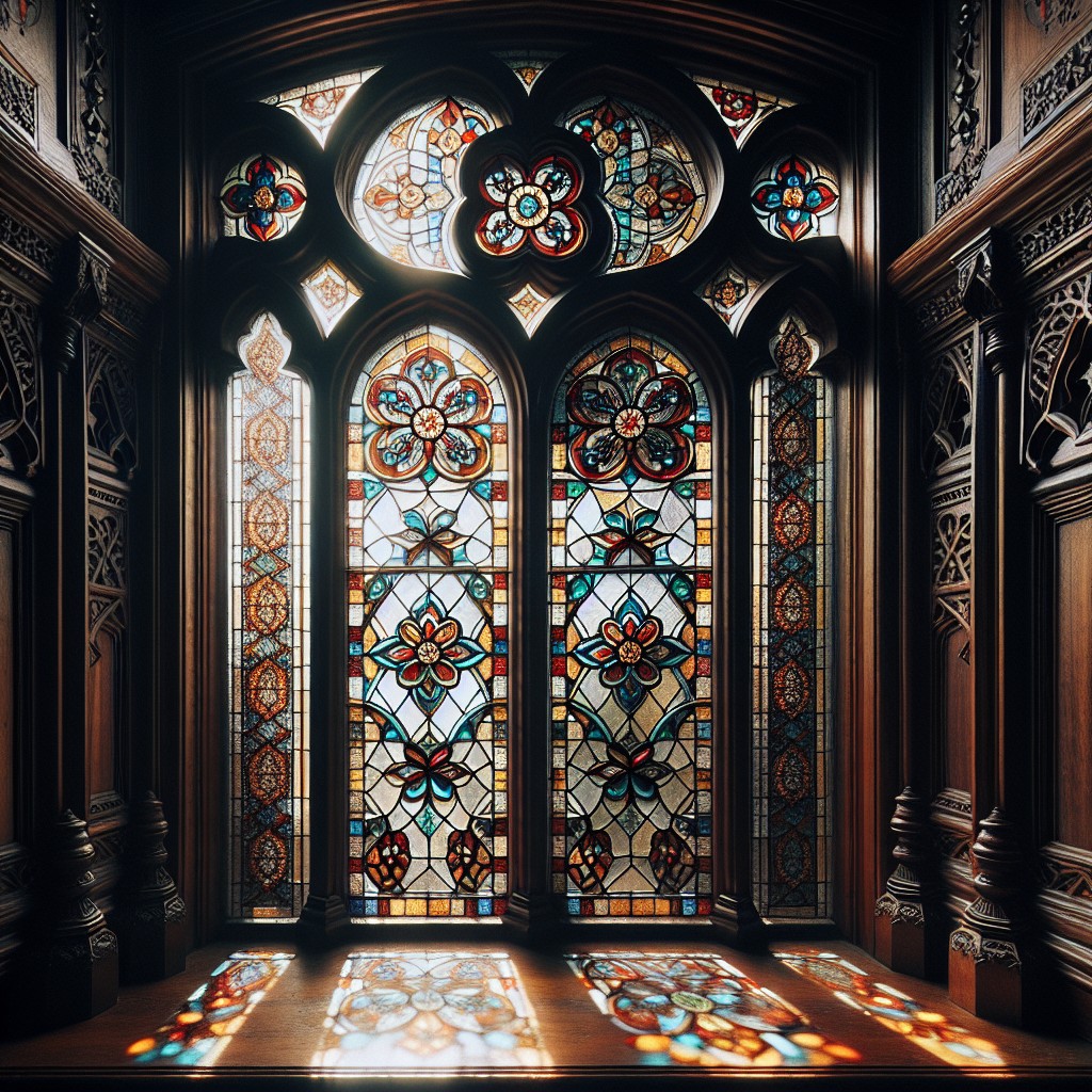 stained glass window with wooden trim