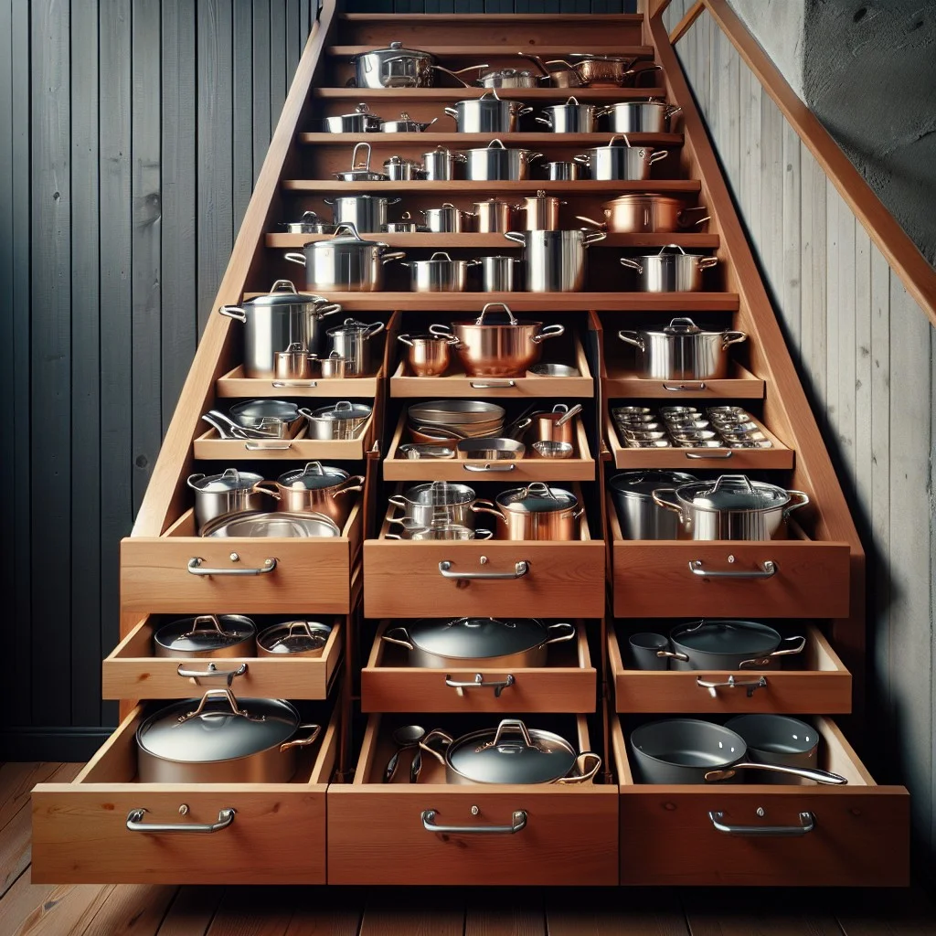 staircase storage drawers for pots and pans