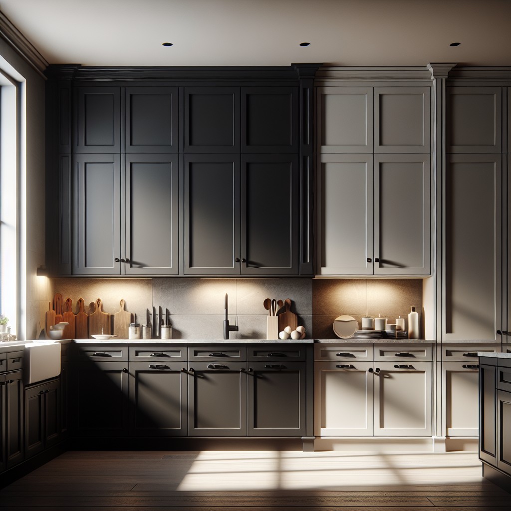 striking contrast with dark shaker and light flat panel cabinets