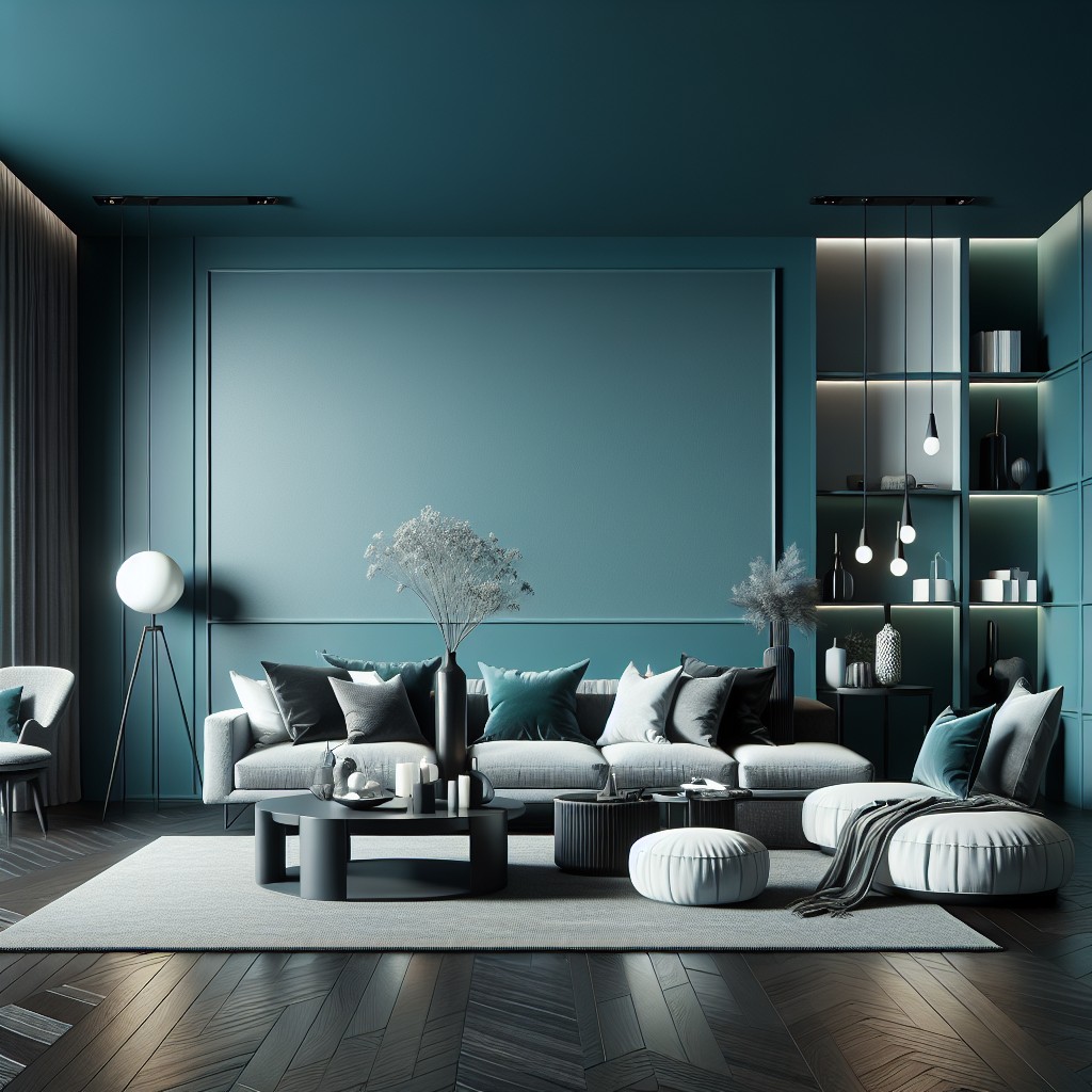 teal accent wall with monochrome decor