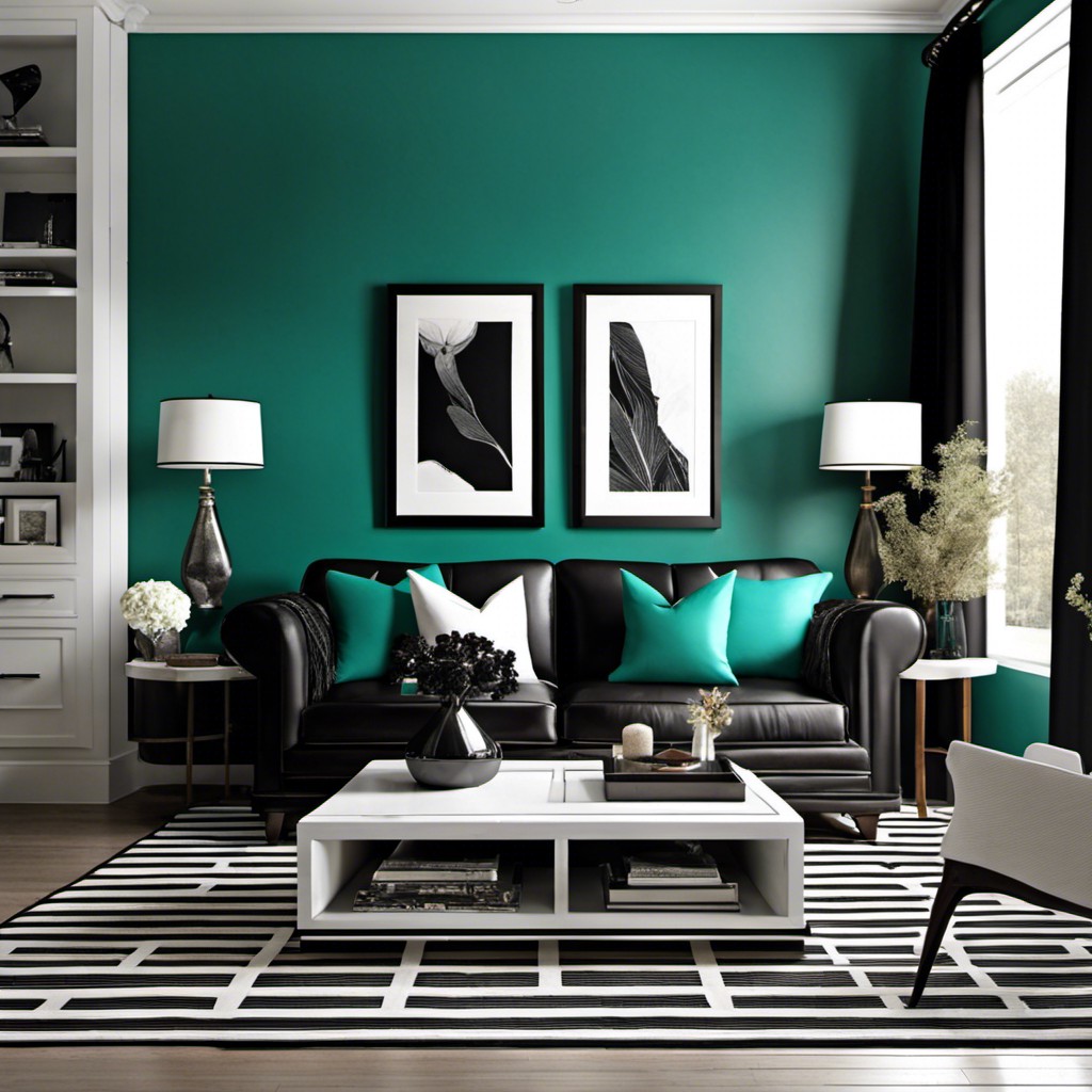 teal in a black and white room