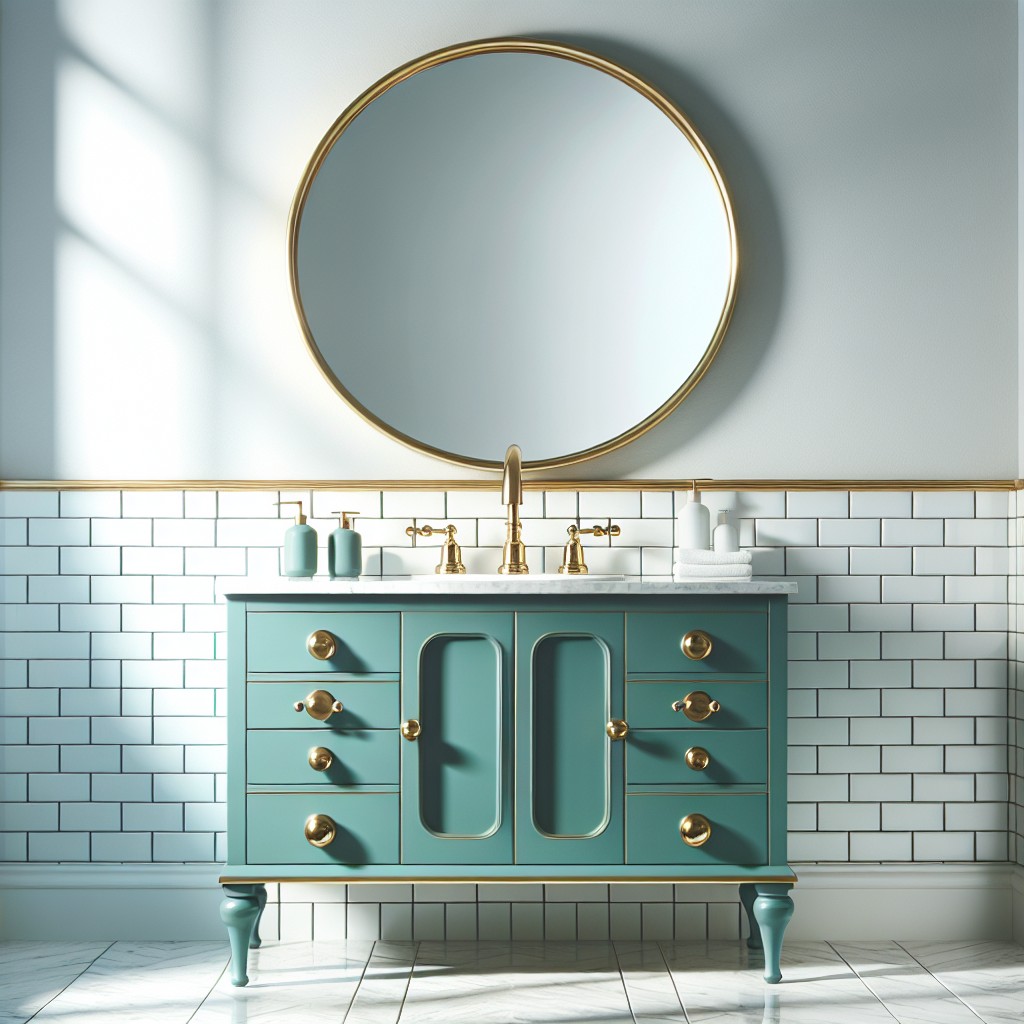 teal vanity in a white bathroom