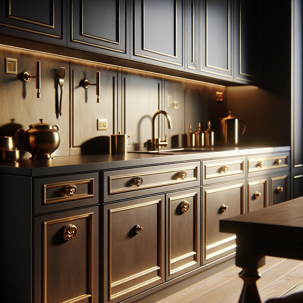 the appeal of satin brass hardware on dark cabinets