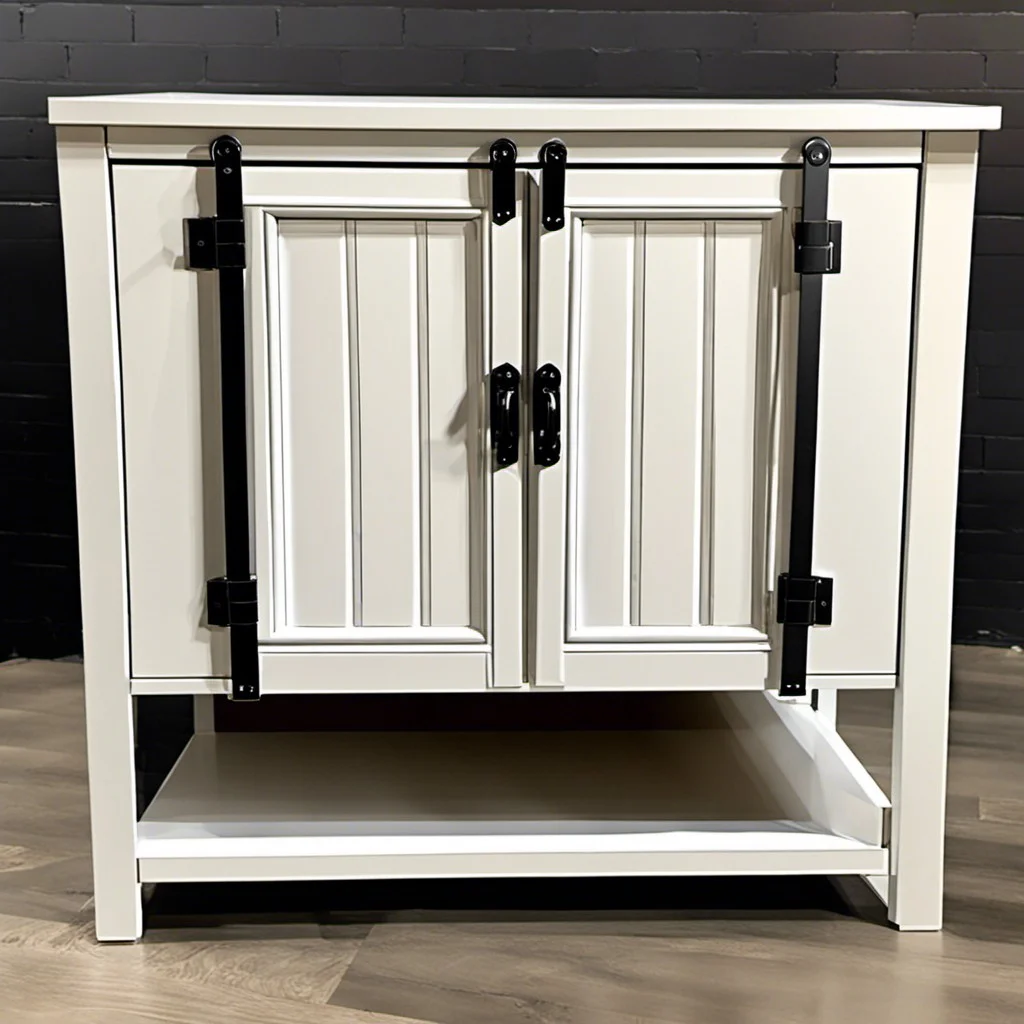 the barn door style white metal cabinets