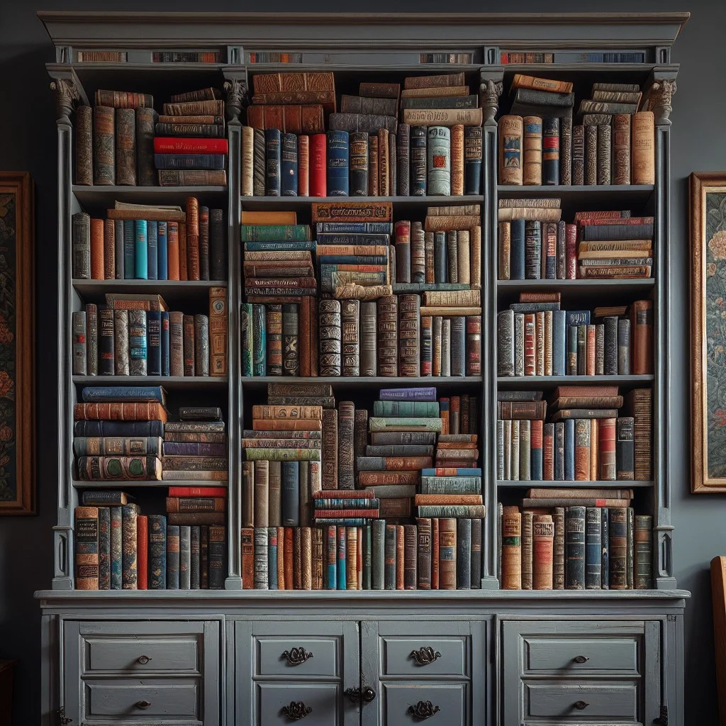 transforming antique grey cabinets into bookshelves