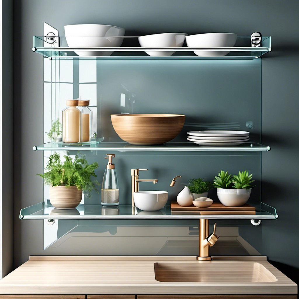 transparent glass floating shelves for lighter look