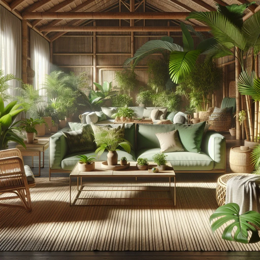 tropical inspired decor with sage green couch