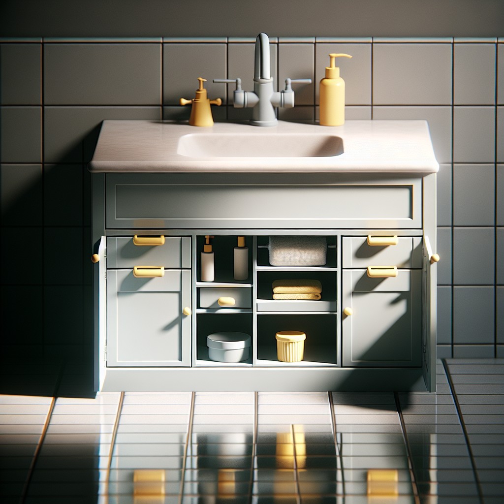 under sink storage unit in gray with yellow handles