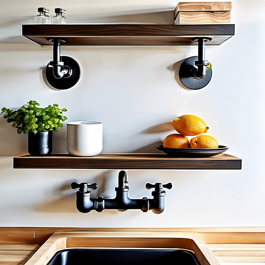 use of industrial pipe brackets for floating shelves