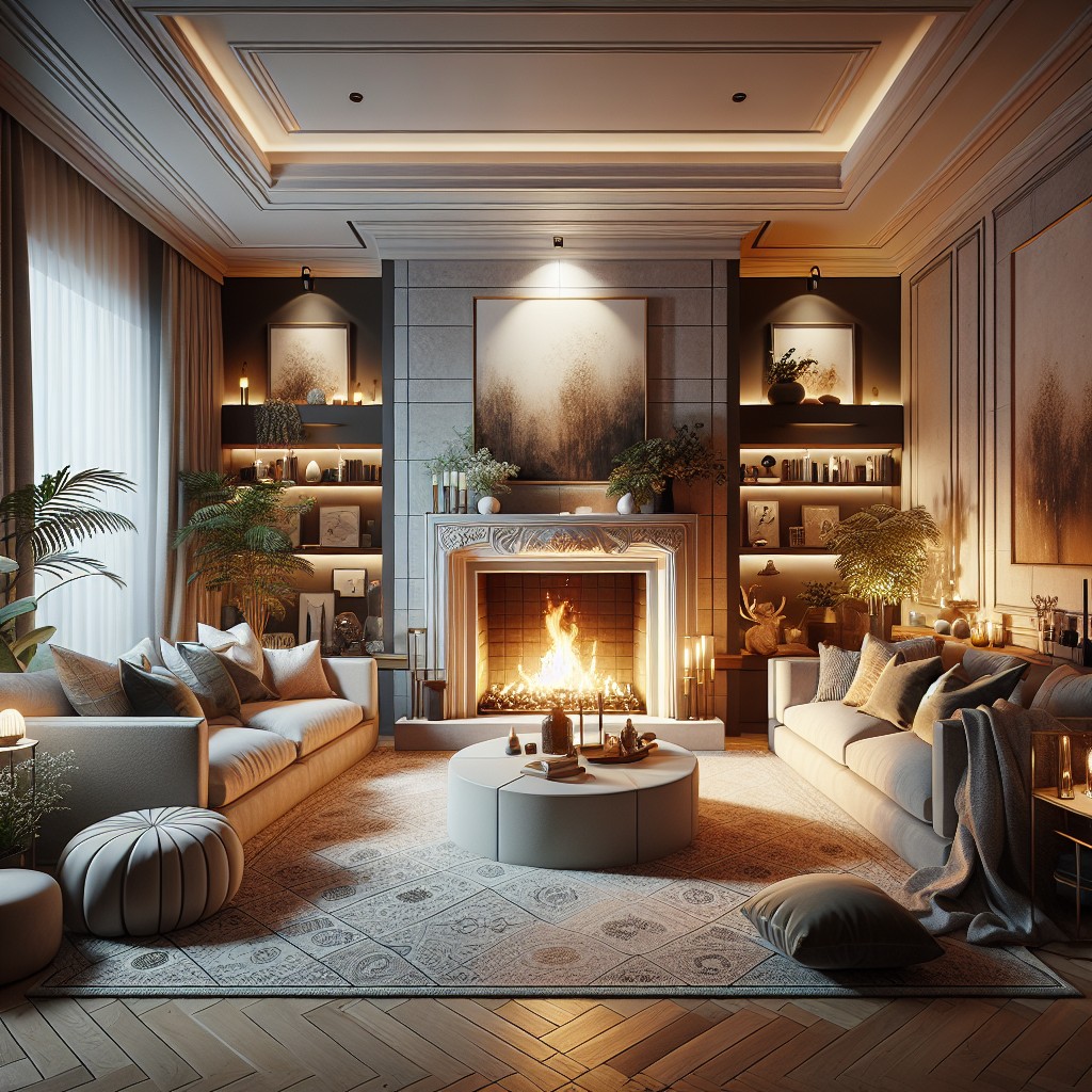 use subtle lighting effects to enhance the fireplace