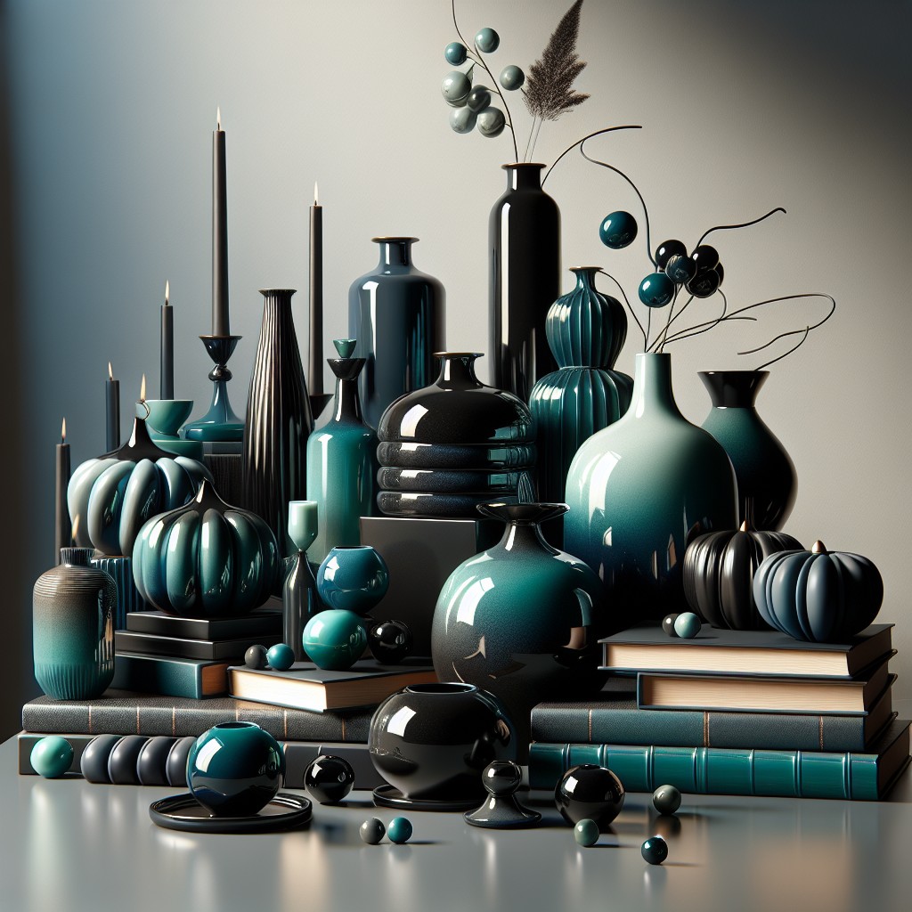 use teal and black accessories in a coffee table arrangement