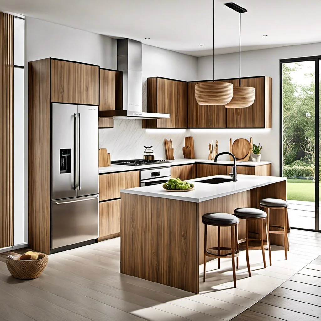 use wood grain cabinets to break up sterile white kitchens