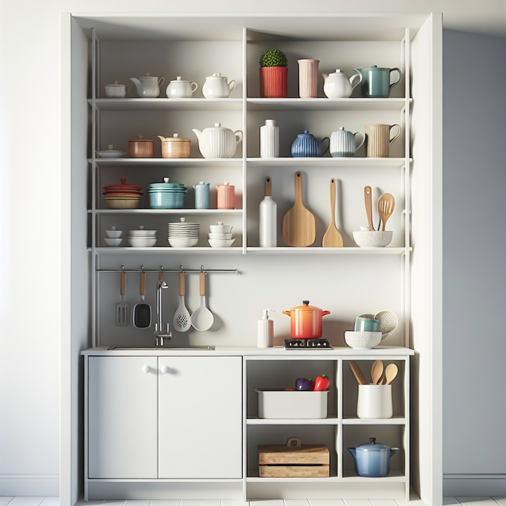 vertical shelving hutch in tiny kitchen