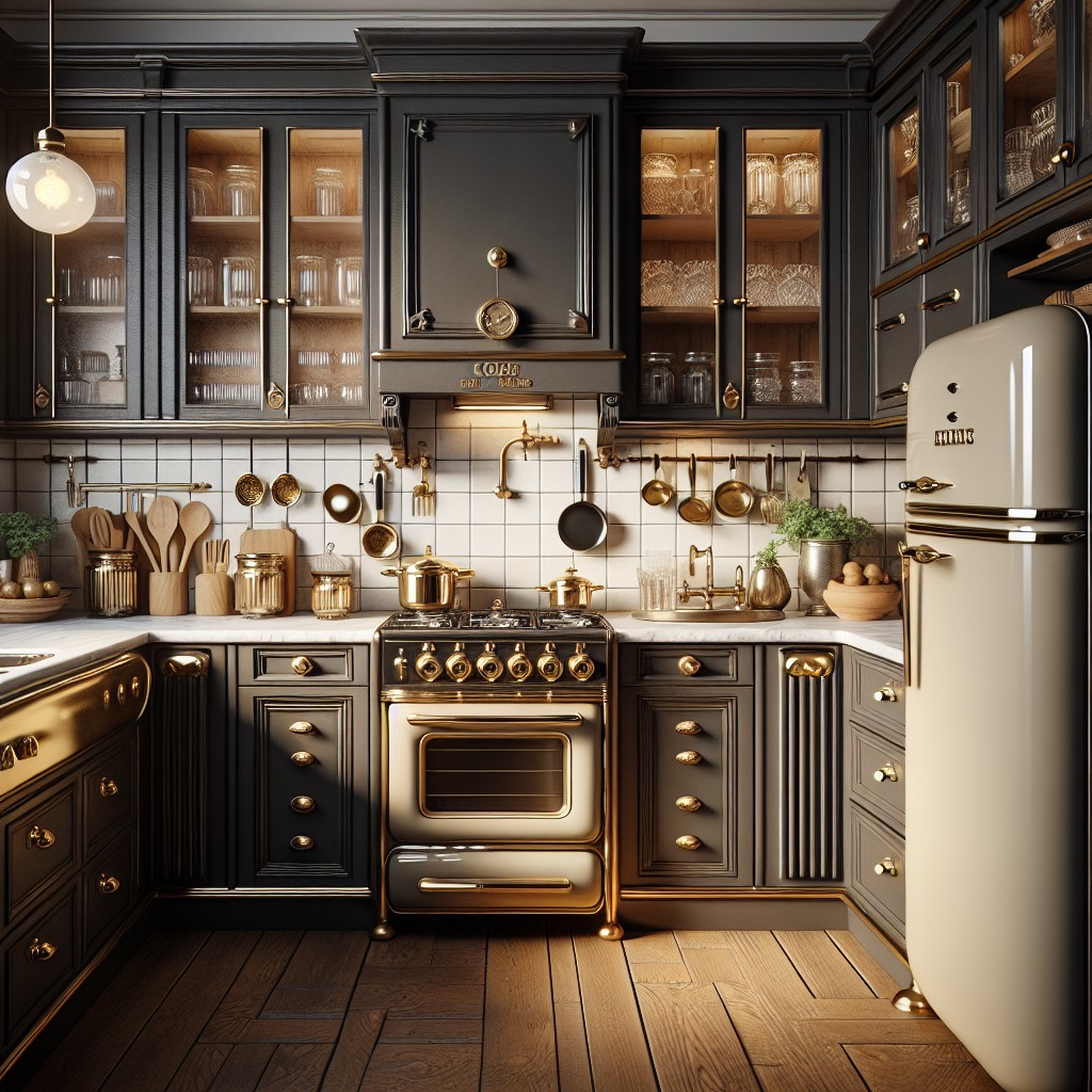 vintage style kitchens with dark cabinets and light countertops