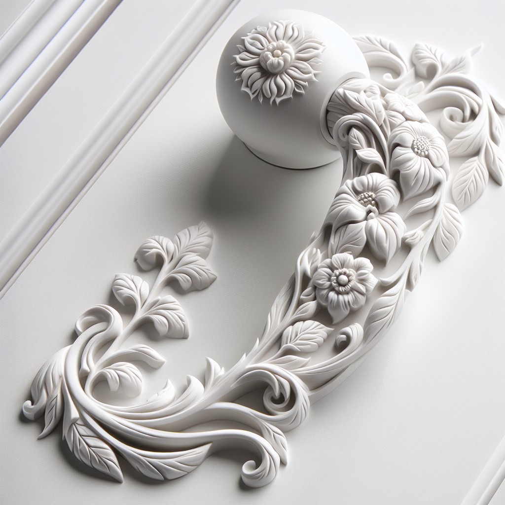 white door pulls with floral motifs
