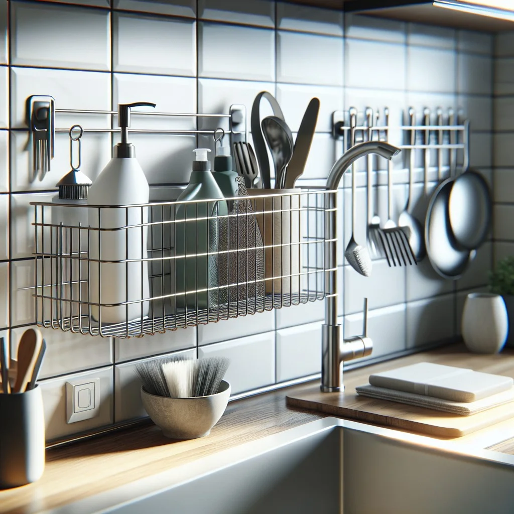 wire basket wall storage beside sink