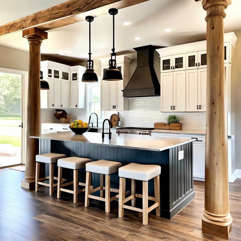 wooden column kitchen island for a farmhouse look