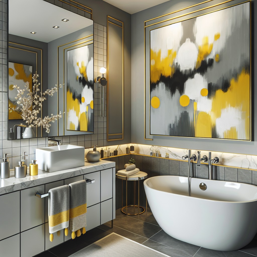 yellow amp gray themed wall art for bathroom aesthetics