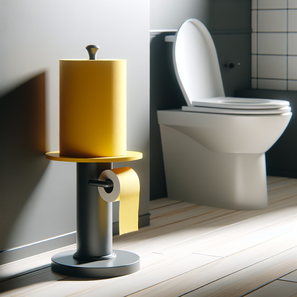 yellow freestanding toilet paper holder with gray base