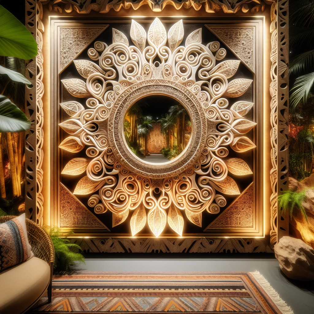 abstract shaped mirror with tribal themed frame
