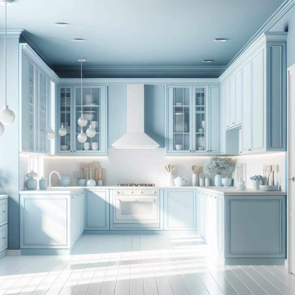 airy atmosphere sky blue lower cabinets in a white kitchen