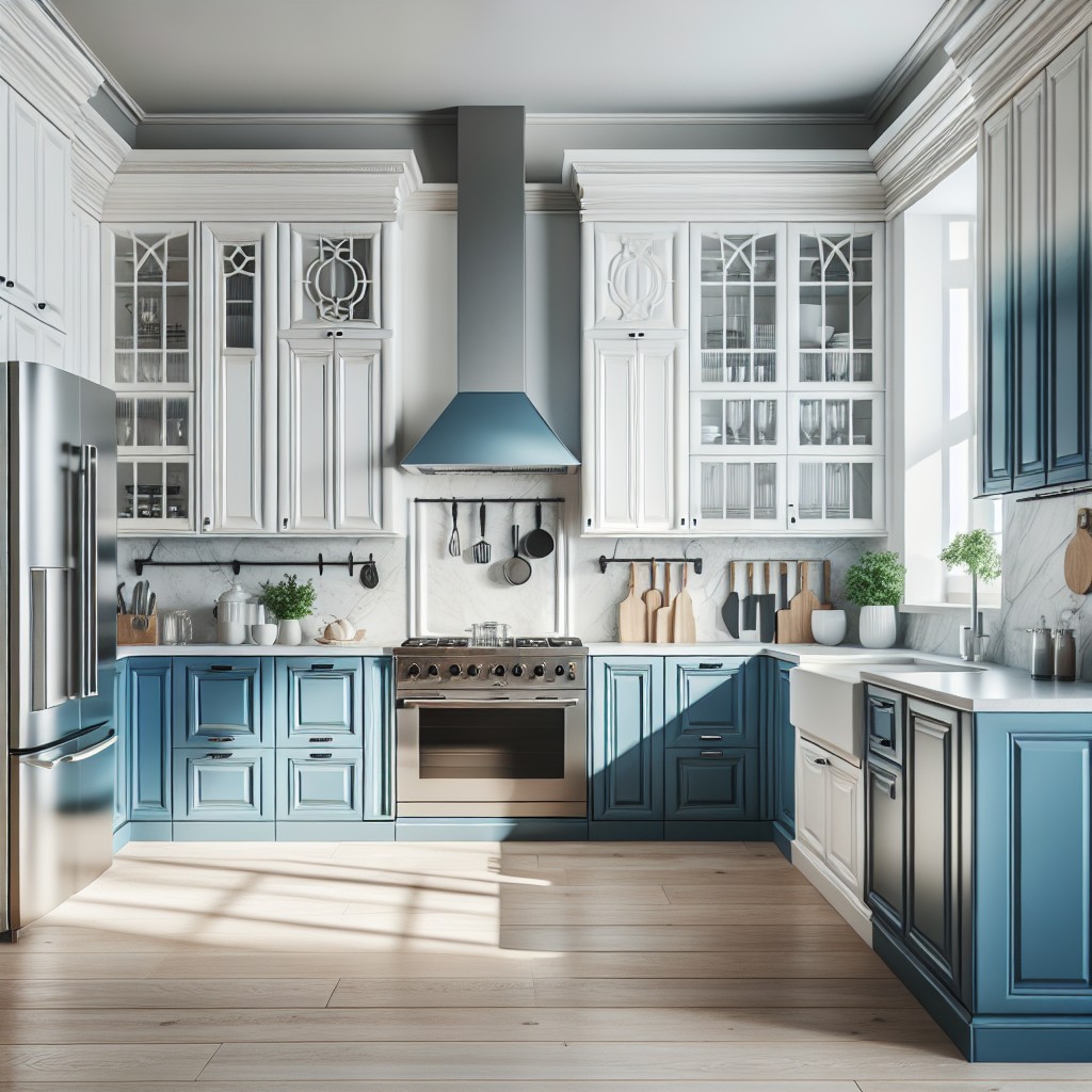 blending white countertops with blue cabinets