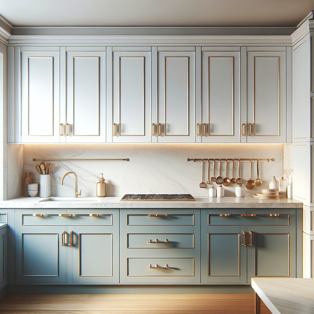 blue bottom cabinets with brass touches