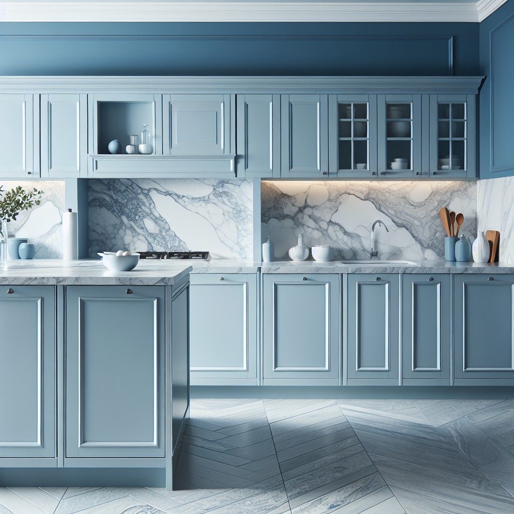blue lower cabinets with white marble countertop