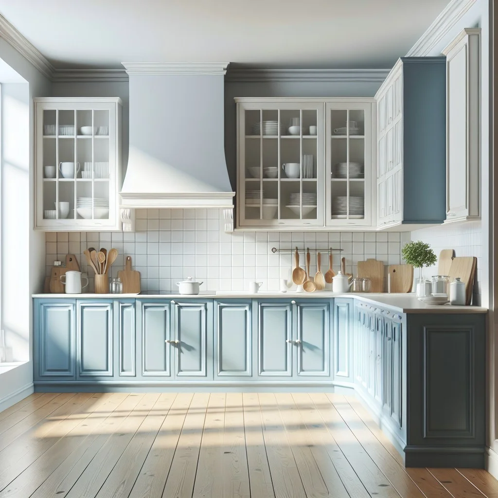 blue retro classic cabinets in white kitchen