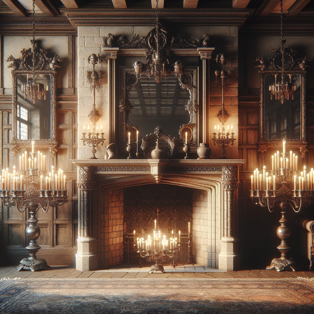 candelabra infused mirror frames with a tudor style fireplace